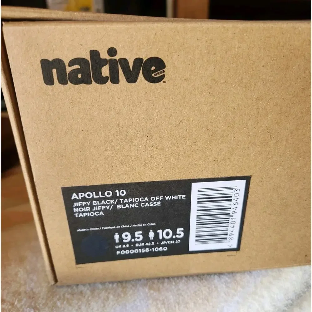 New Native Apollo 10 Jiffy Black Tapioca Off White Shoes US Men 9.5 Women 10.5